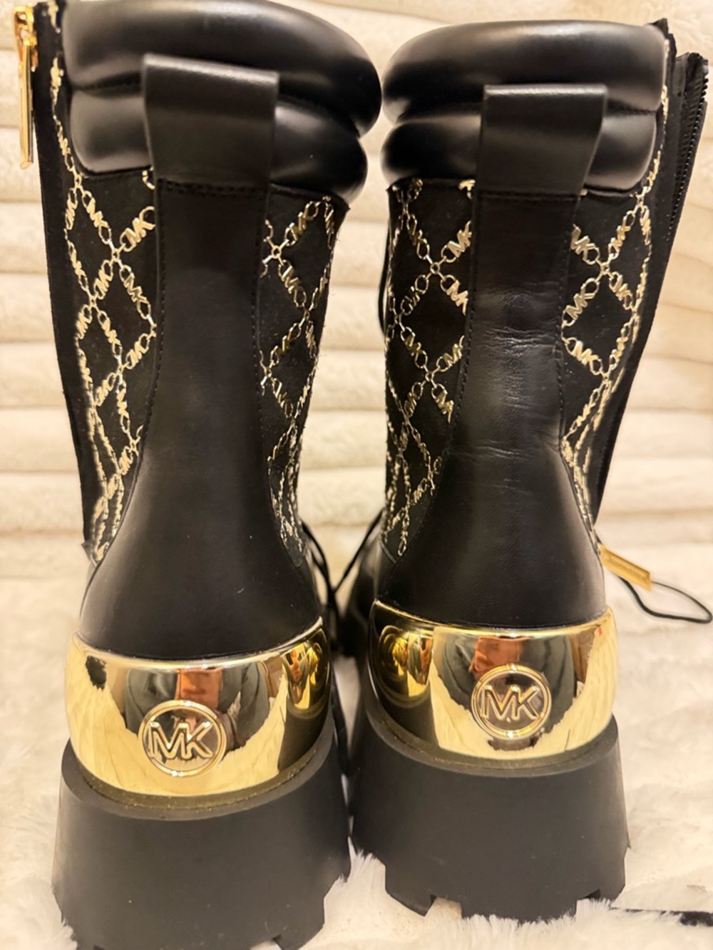 Michael Kors Black Platform Lace-Up Logo Combat Boots with Gold Accents - Picture 5 of 6